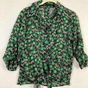 Daniela Corte 100% Silk Floral Tie Front Button Down size Small